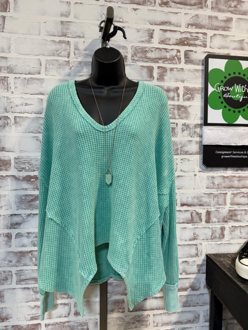 Light Aqua V-Neck Waffle Knit Women's Top